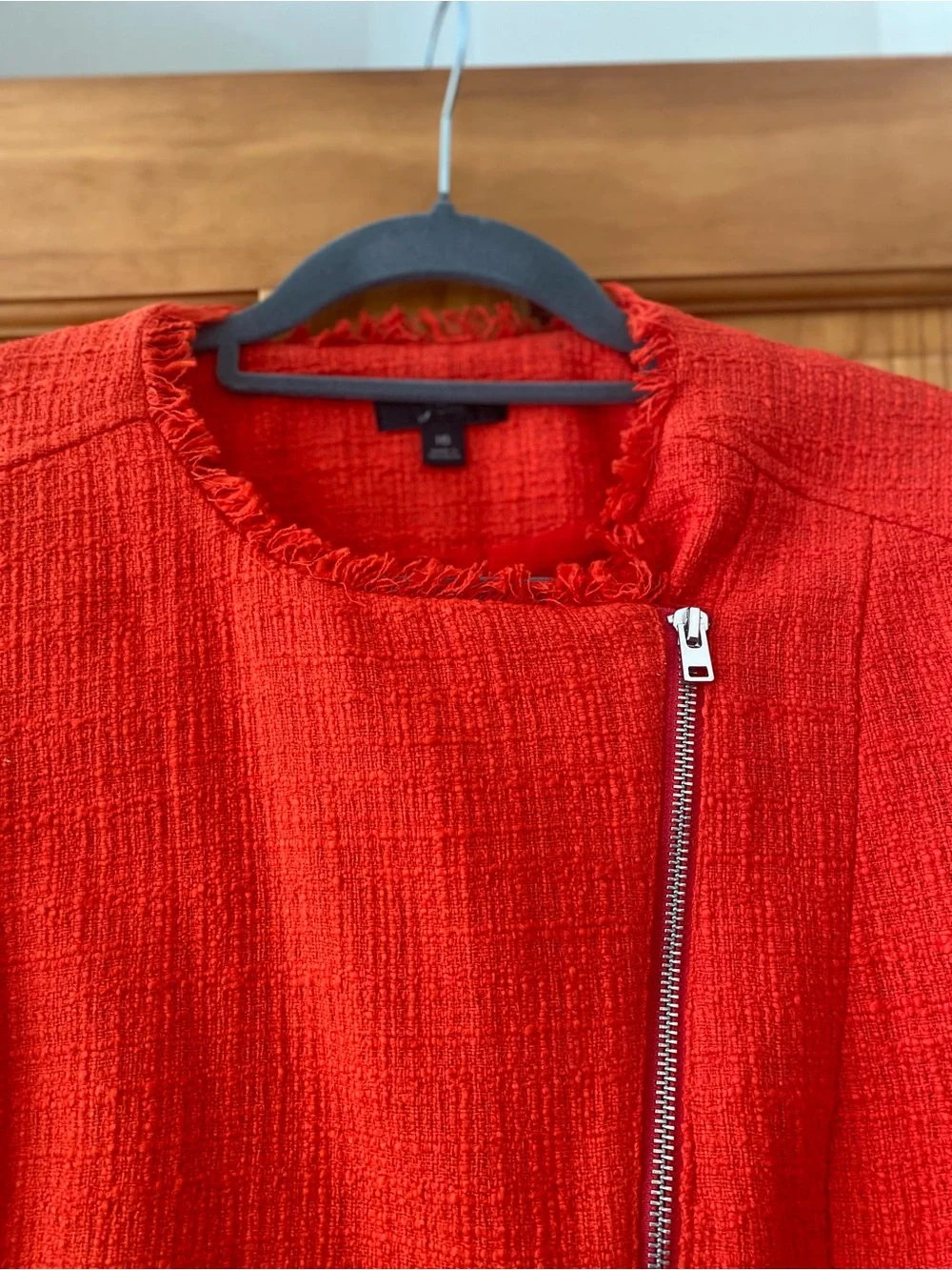 J.Crew Size 16 Vibrant Red/Orange Tweed Fringe Moto Jacket Asymmetrical Zip